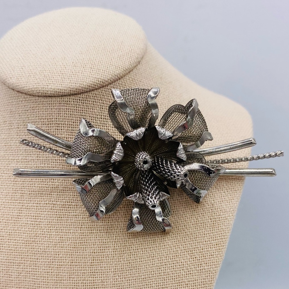 Vintage Silver Tone Floral Brooch With Mesh Petals Center Has Cone Shape Design